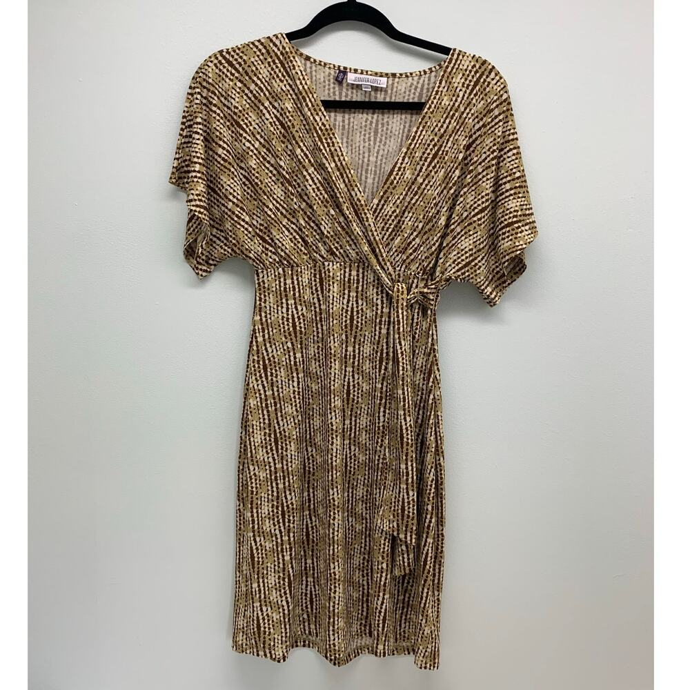 Jennifer Lopez Dress Womens XS Midi Short Sleeve Stretch Front Tie V-Neck